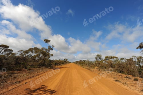 Preview: Outback road and Australian bush, diminishing perspective of empty red dirt road to horizon