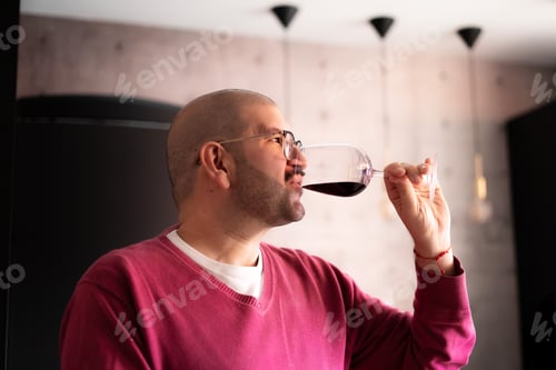 Preview: man with mustache and glasses enjoying a glass of wine in the kitchen