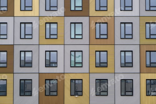 Preview: Beautiful wooden facade of a modern building reflecting the sky
