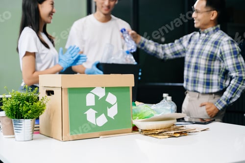 Preview: Eco-friendly teamwork with this office recycling scene. Perfect for showcasing sustainability,