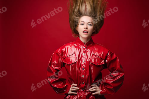 Preview: Cheerful woman with fair hair on top in red suit rejoices, picture isolated on red background