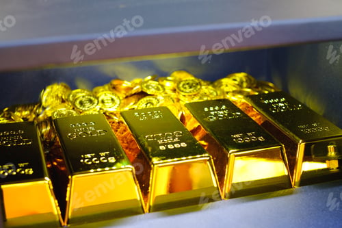 Preview: Steel safes box full of gold bar stack and coins