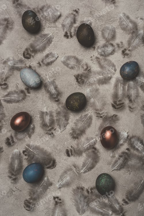 Preview: top view of painted and golden eggs on concrete surface with feathers