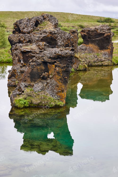 Preview: Icelandic landscape. Calm waters and lava formations. Myvatn. Iceland