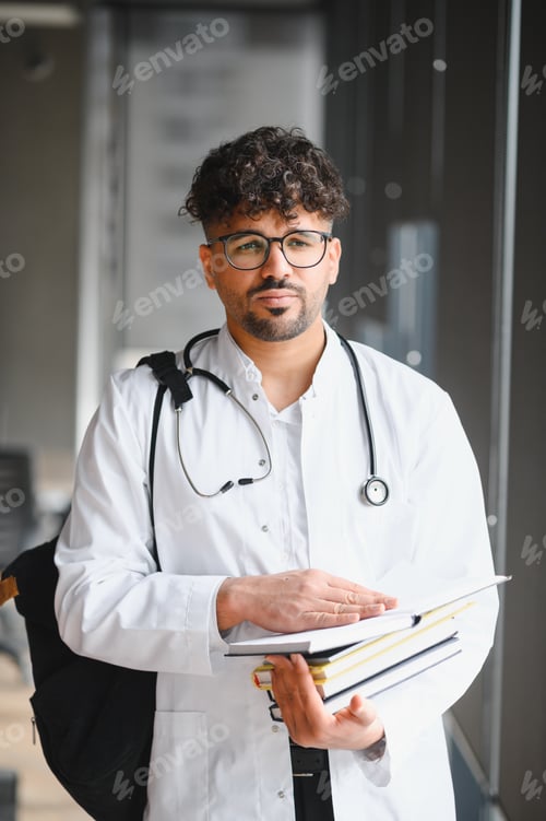Preview: Arab medical student holding books and wearing white coat and stethoscope