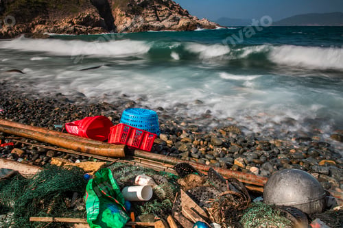 Vista previa: Playa cubierta de basura plástica (Lap Sap Wan), Nuevos Territorios, Hong Kong, China