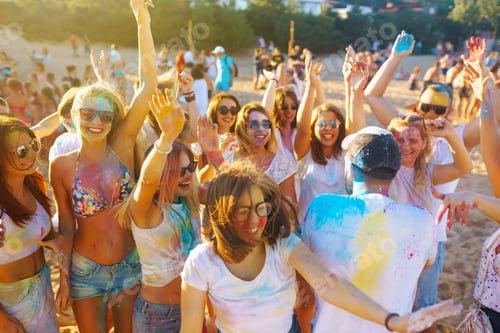 Preview: Teenagers Friends have fun at holi festival. Party. Celebrating traditional indian spring holiday.