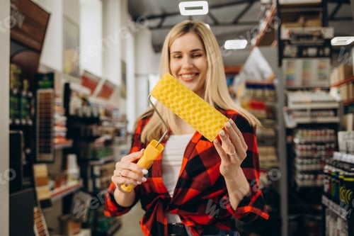 Preview: Adult girl is purchasing tools for house improvements in paint supplies store.