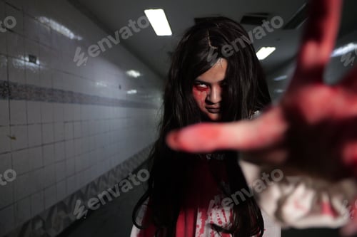 Preview: Scary woman in white dress with bloodstain after murder, Halloween concept