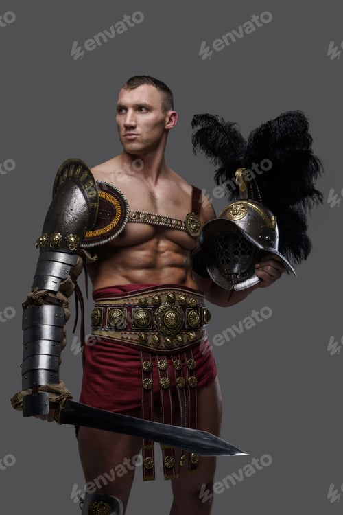 Preview: Glorious gladiator with gladius and helmet isolated on grey