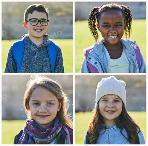 Preview: Four Smiling Children Wearing Backpacks