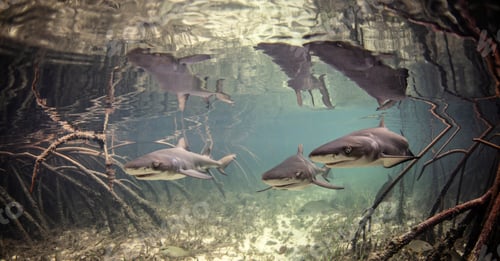Preview: Underwater view of baby lemon sharks swimming amongst mangroves, Alice Town, Bimini, Bahamas