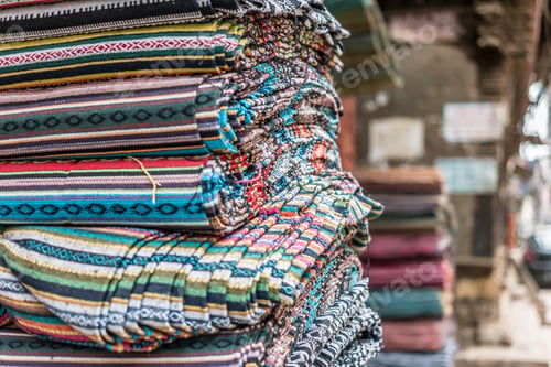 Preview: Various of colorful fabrics at a market stall in Kathmandu