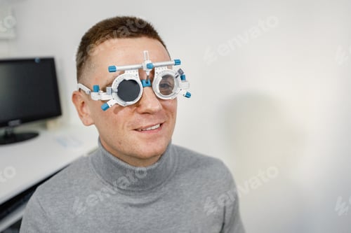 Preview: Man doing eye test checking examination at ophthalmology center