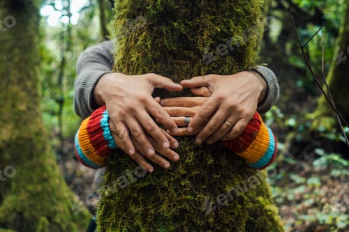 Preview: Couple man and woman hugging and embracing green trunk tree in the forest woods enjoying nature love