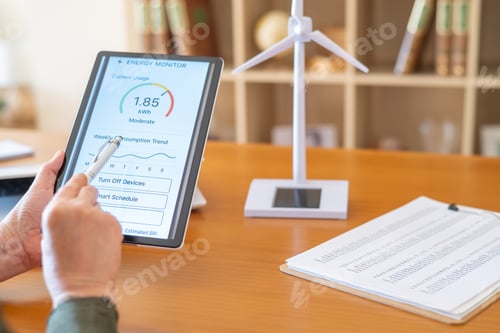 Preview: Smart home energy management and sustainability planning with tablet and wind turbine