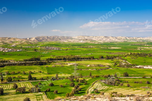 Preview: Summer landscape with green grass, road and mountains