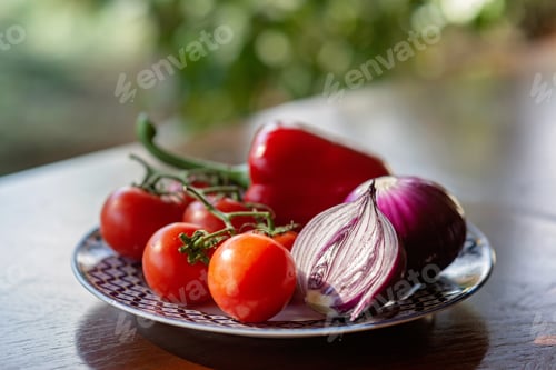 Preview: Red tomato, paprika, chili pepper and green onion, farm organic vegetables on a plate