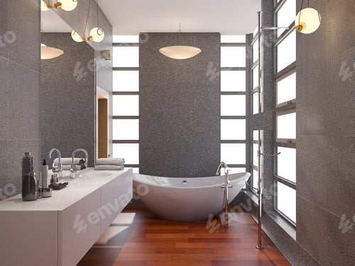 Preview: 3d rendering grey stainless metal bathroom with white tile and stone til