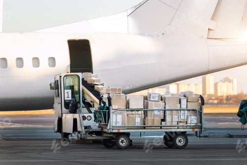 Preview: Close-up detail view of cargo cart trolley full with commercial parcels against turboprop cargo