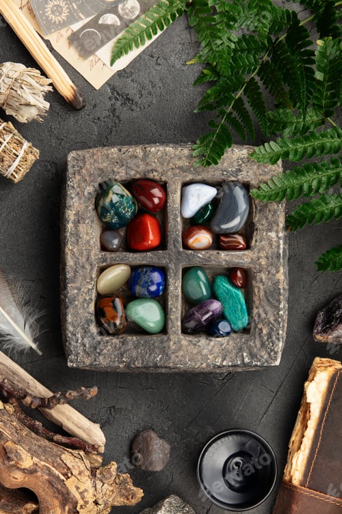 Preview: Colorful Healing Crystals in Stone Tray with Spiritual Elements