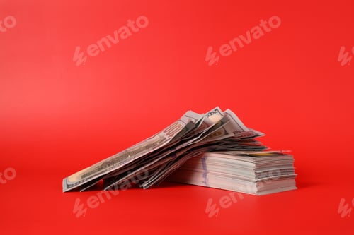 Preview: Hundred dollar bills on red background, Banknotes for money saving, Cash money dollars, Business