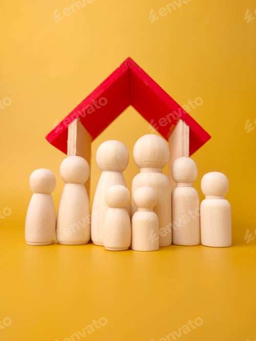 Preview: Wooden figures big family infront wooden house on a yellow background.