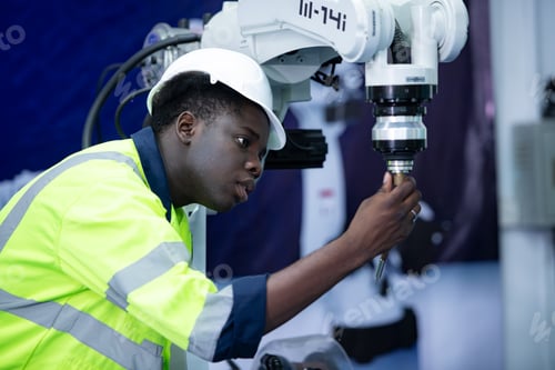 Preview: Technician who maintains a small robot arm the operation of a small robot arm used in industry