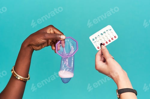 Preview: Studio shot of two women comparing contraception against a turquoise background