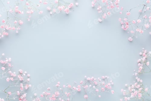 Preview: Beautiful flower background of pink gypsophila flowers. Flat lay, top view. Floral pattern.