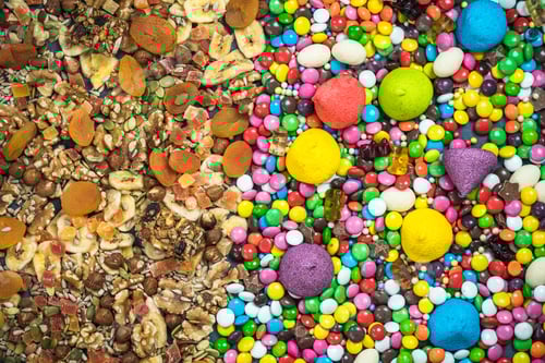 Preview: Candy and Dried Fruit Background, Top-Down Close-Up View