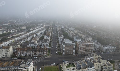 Preview: Drone aerial scenery of Brighton City and coast in Sussex United Kingdom. Top view of cityscape