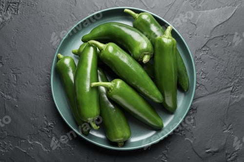 Preview: Fresh jalapeno peppers on black textured table, top view