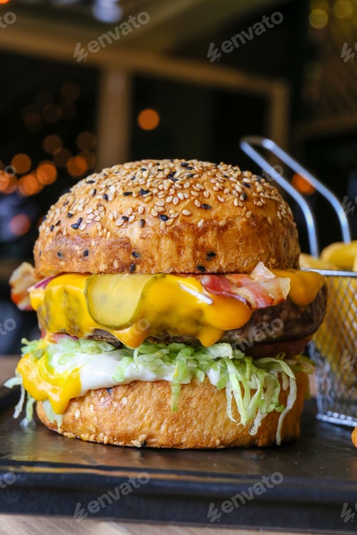 Preview: Vertical view of a juicy cheeseburger served over a black plate