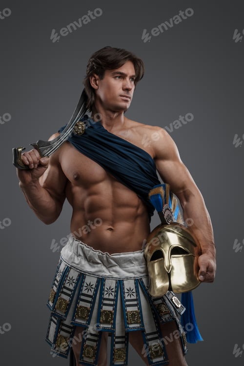 Preview: Greek warlord with muscular build holding sword and helmet