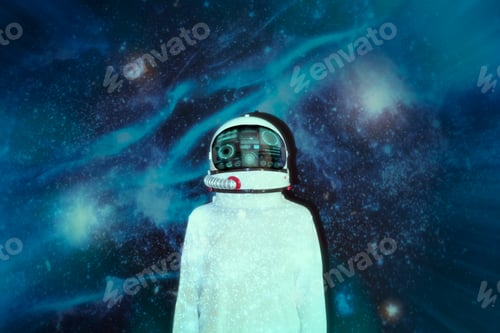 Preview: Female astronaut with space suit in outer space