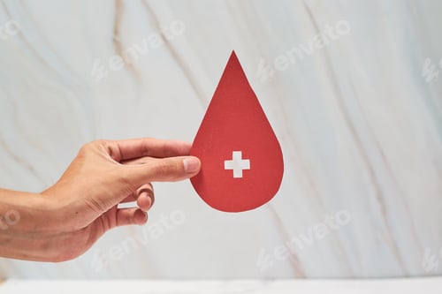 Preview: Blood Donation Concept. Help, Care, Love, Support. Hand Holding a Red Drop