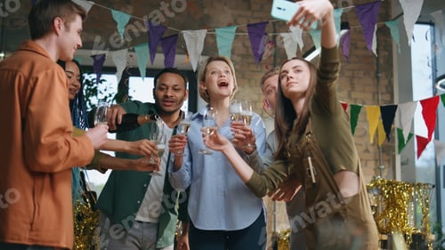Preview: Office colleagues making selfie holding champagne glasses. Smiling business team