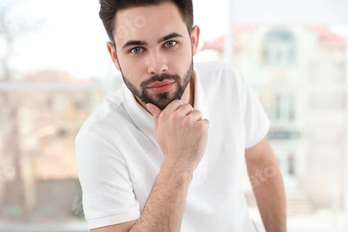 Preview: Portrait of handsome man in light room, closeup