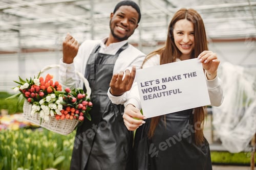 Preview: Flower sellers with a sign and with tulips
