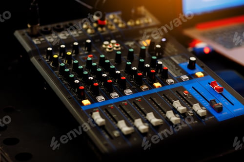 Preview: Concert sound mixer panel with volume regulators. Professional audio and light equipment for soun