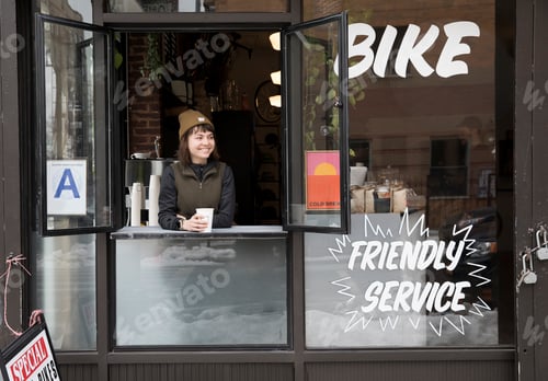 Preview: Female employee at service window, Nike and Coffee shop, New York, USA