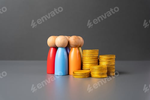 Preview: People and a stack of money coins.