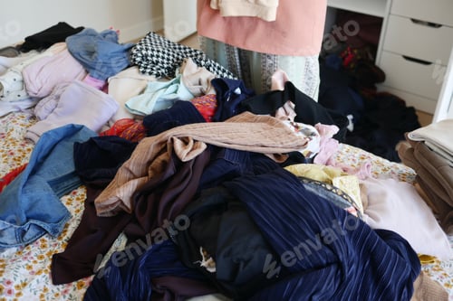 Preview: The bedroom is in a chaotic state, with clothes strewn across the bed and the floor