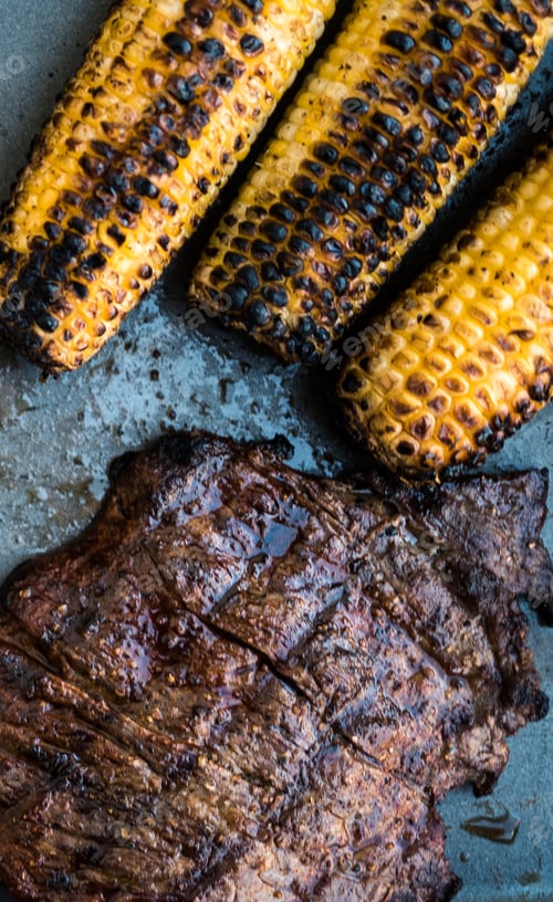 Grilled Corn and Steak on a Platter