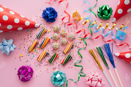 Preview: Top view of colorful sweets near serpentine and party caps on pink background