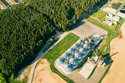 Preview: Aerial View Modern Granary, Grain-drying Complex, Commercial Grain Or Seed Silos In Sunny Spring