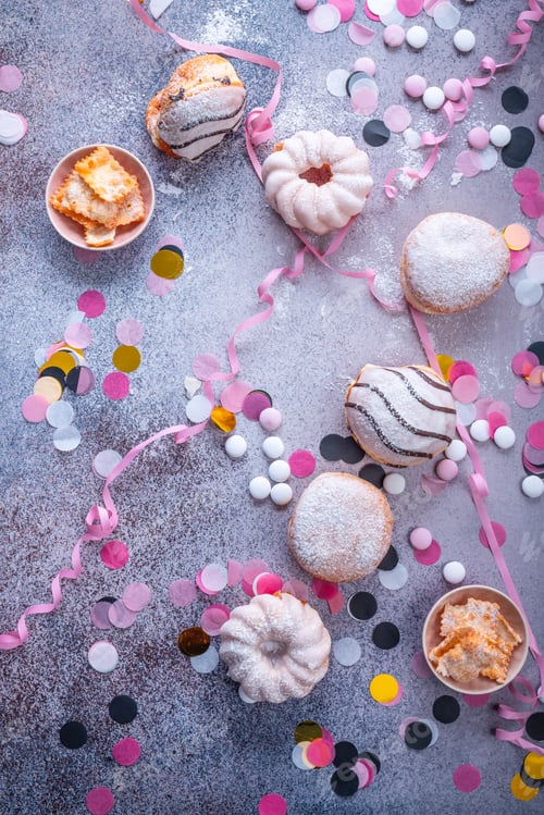 Preview: Colorful donuts, berliner and pastries for party and carnival