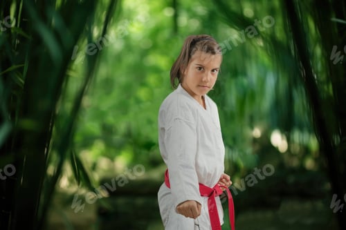 Preview: Young boy performs karate kata in the tranquil bamboo forest