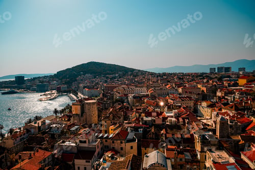 Preview: Aerial shot of the city of Split under a clear blue sky, Croatia.